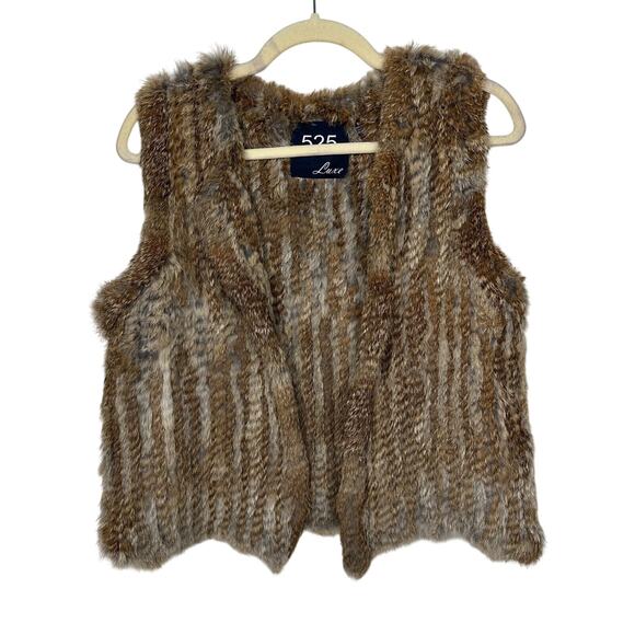 525 America Soft Luxe Genuine Rabbit Fur Sleeveless Open Vest Brown Cream Medium - Picture 5 of 16